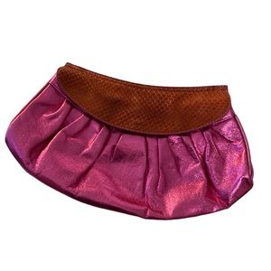 Tara Crystalle London -Hot Pink Metallic Clutch with Brown Lizard Accent-SO CHIC
